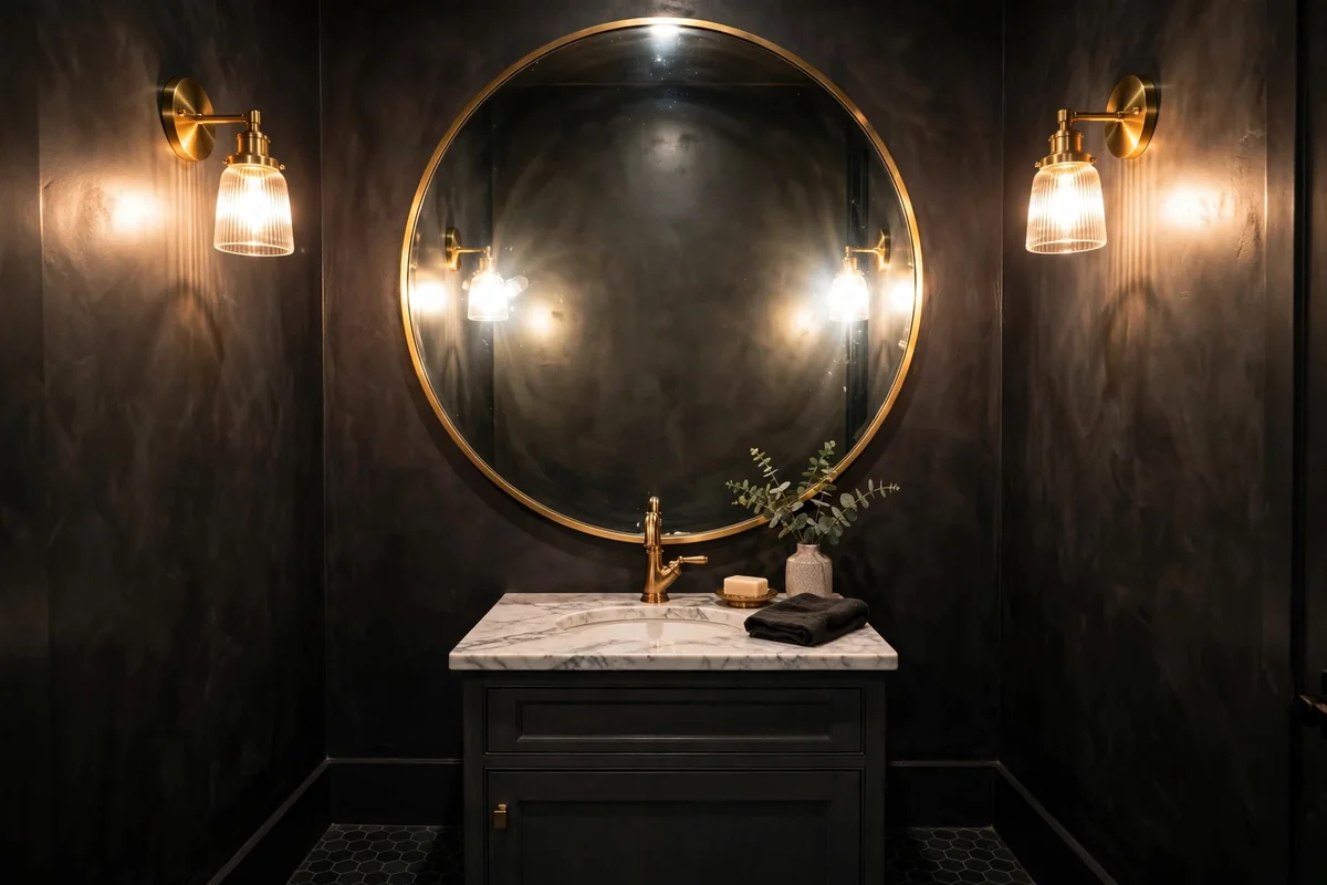Small dark powder room with an oversized round mirror reflecting sconce light