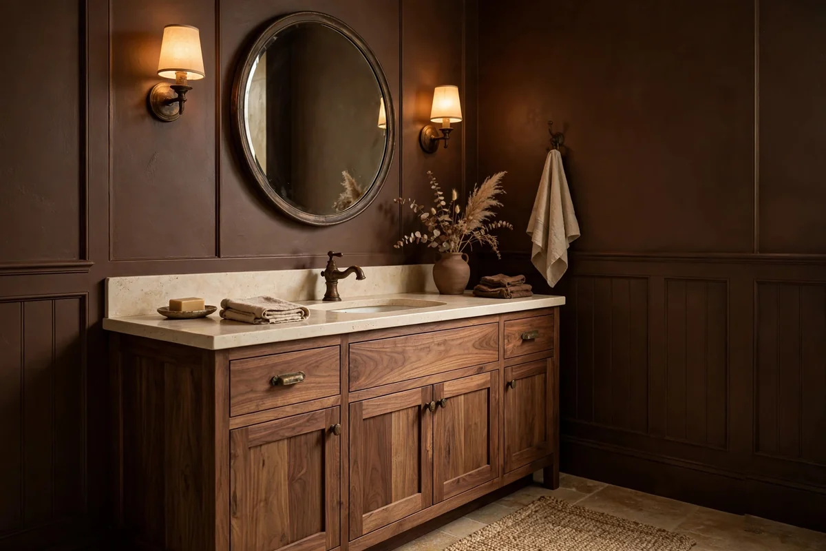 Warm moody powder bathroom with chocolate brown walls and cream stone counter