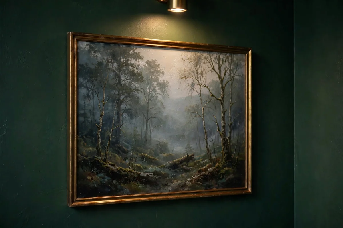 Moody landscape painting in a brass frame on a deep green bathroom wall
