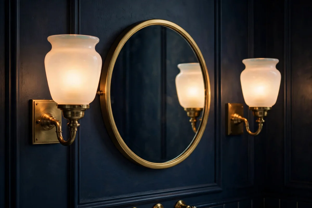 Opal glass sconces with brass mounts flanking a mirror in a navy bathroom