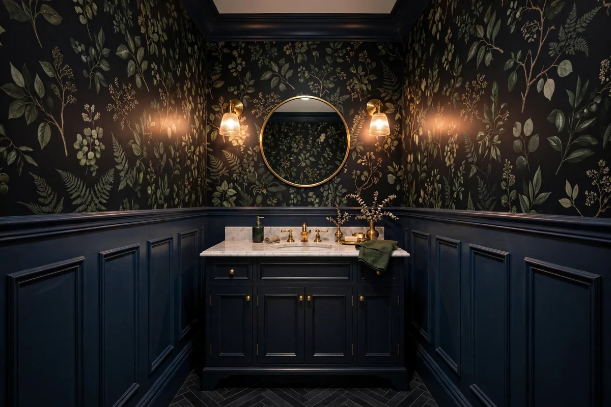 Dramatic powder room with dark wainscoting and botanical wallpaper above