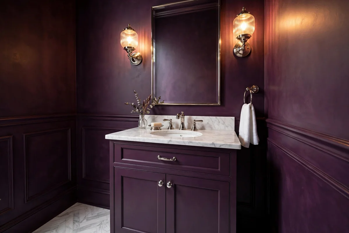 Rich plum powder bathroom with white marble countertop and nickel faucet