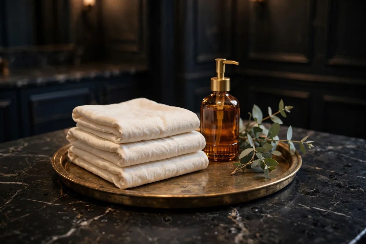 Brass tray with folded towels and soap on a dark powder room vanity