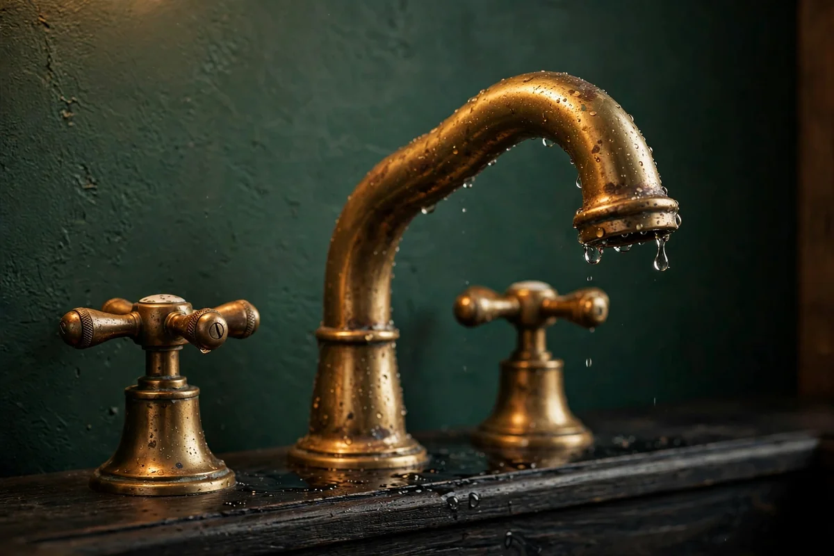 Vintage style unlacquered brass faucet against a deep green wall