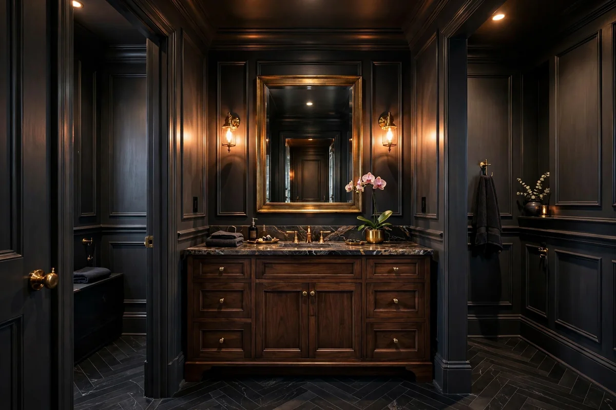 Complete jewel box powder bathroom with layered deep tones and brass accents