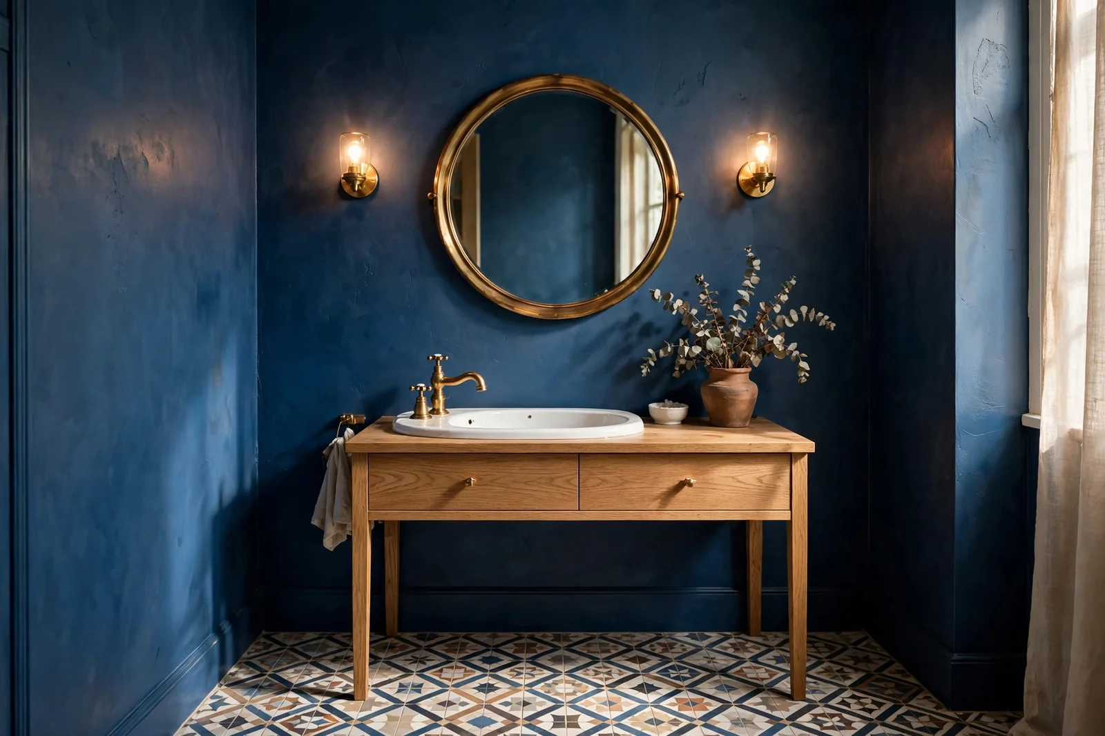 Small moody powder room with deep inky blue walls, round brass mirror and warm wall lights