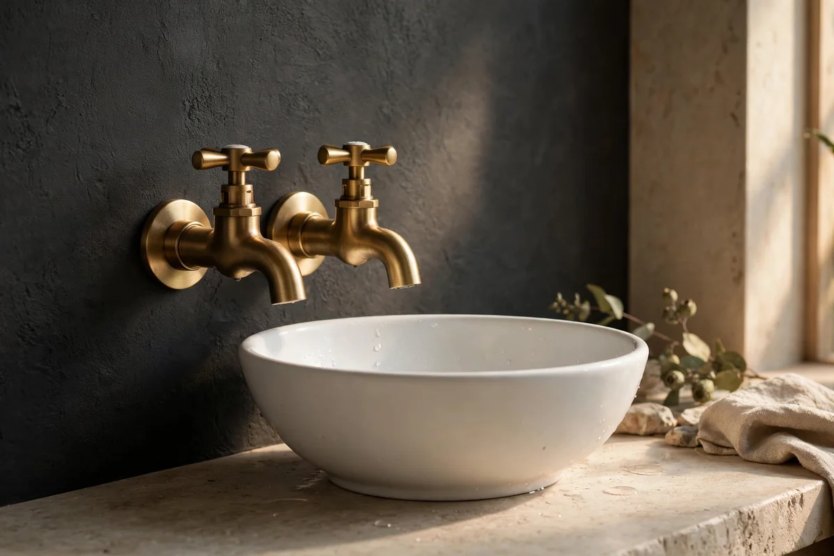 Fit Warm Brass Taps Beside a Small Ceramic Basin