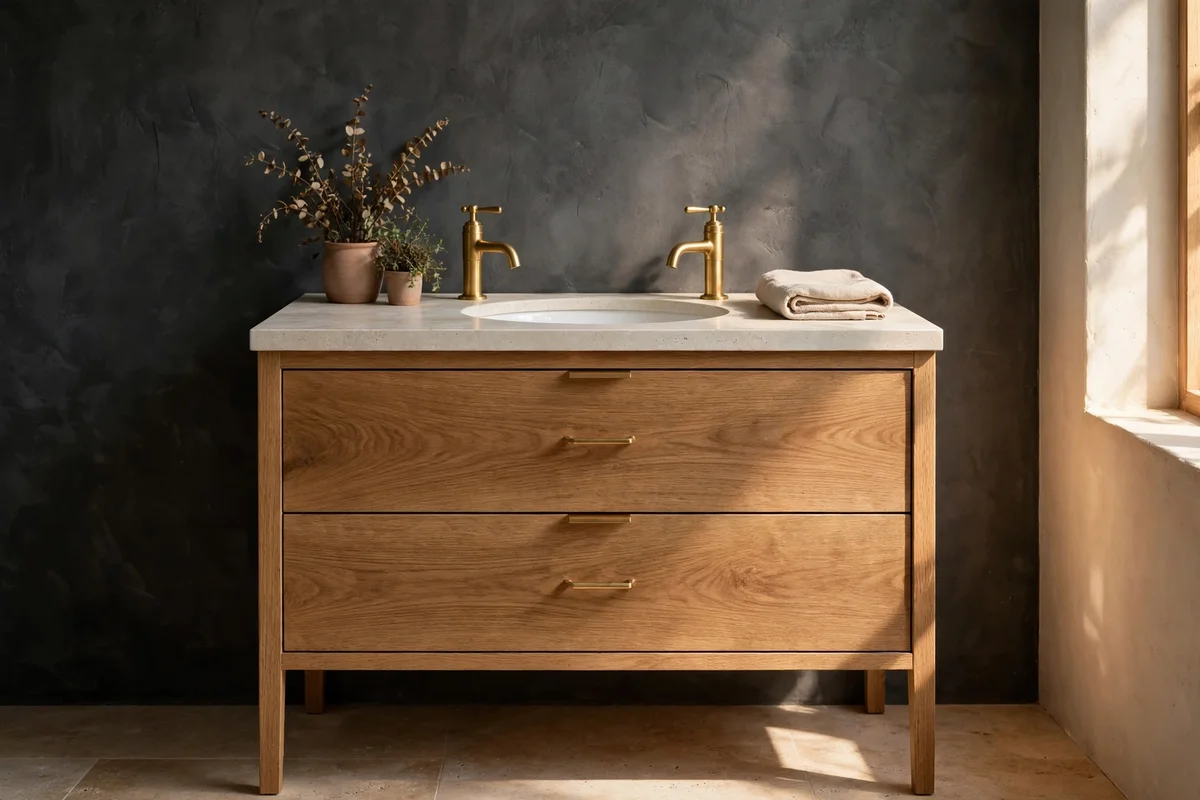Pick a Slim Oak Vanity With Two Deep Drawers