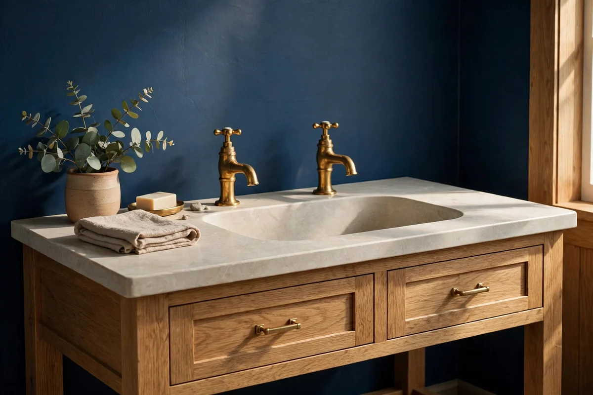 Balance Dark Walls With a Pale Stone Basin Top