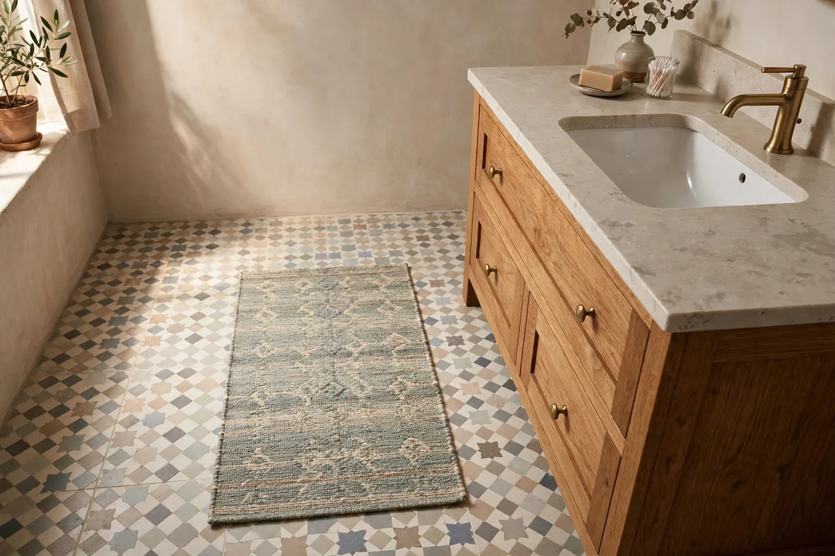 Layer a Small Washable Runner Beside the Vanity
