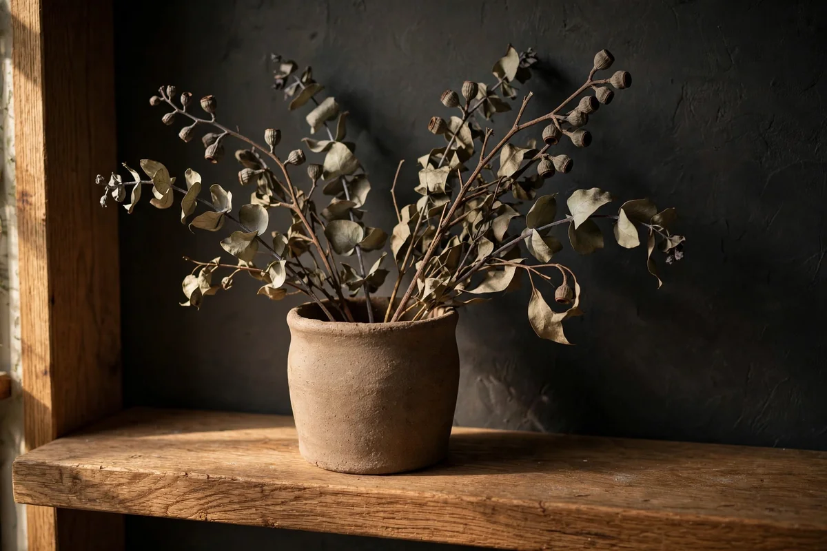 Style Dried Eucalyptus in a Simple Clay Vessel