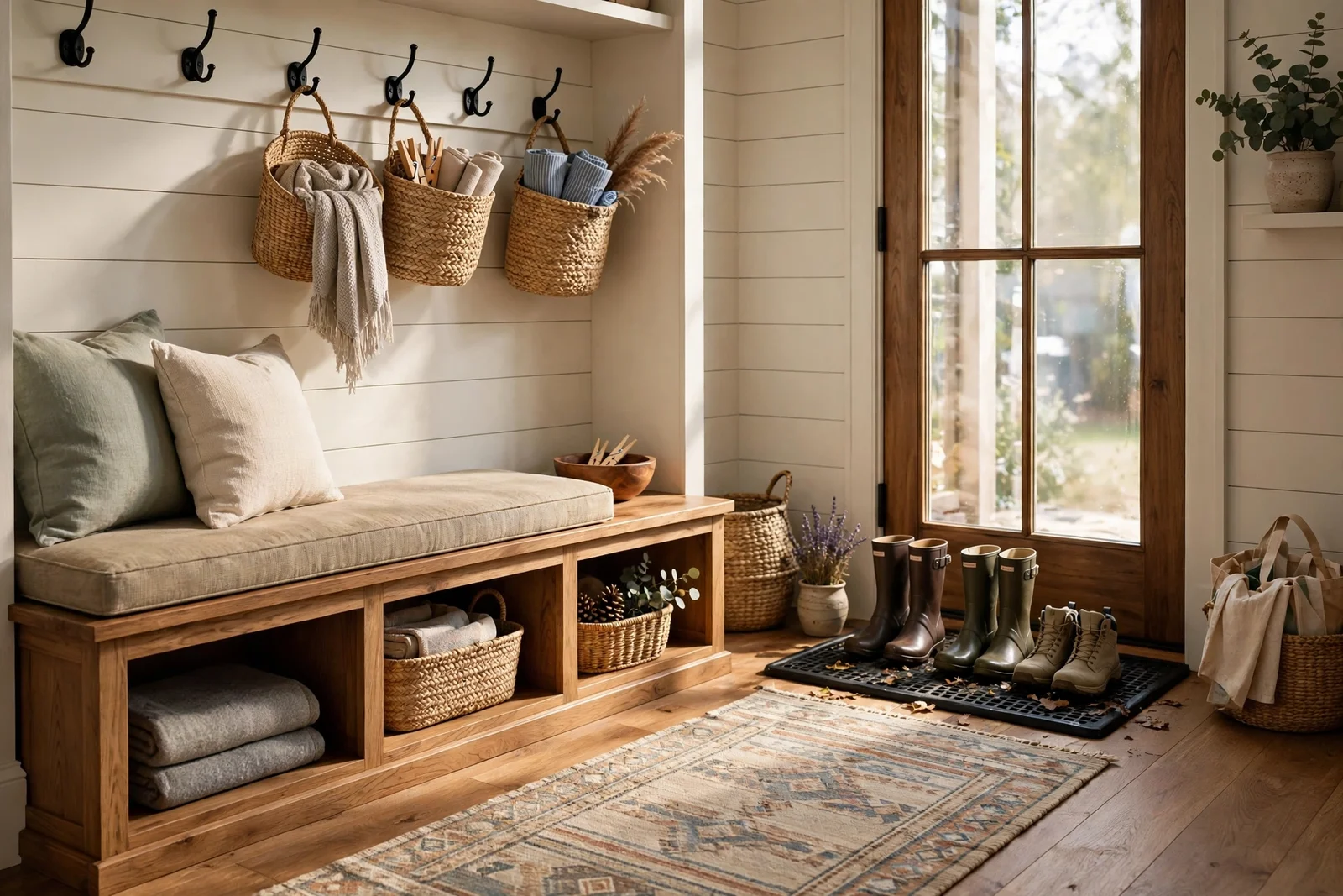 Warm family mudroom with storage bench, hooks, baskets and boot tray