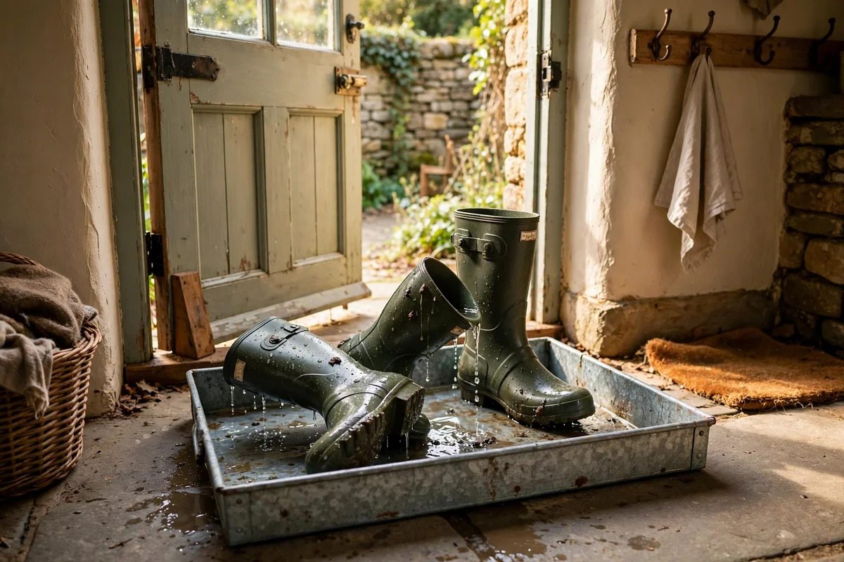 Boot tray holding muddy wellington boots by a cottage back door, mudroom ideas