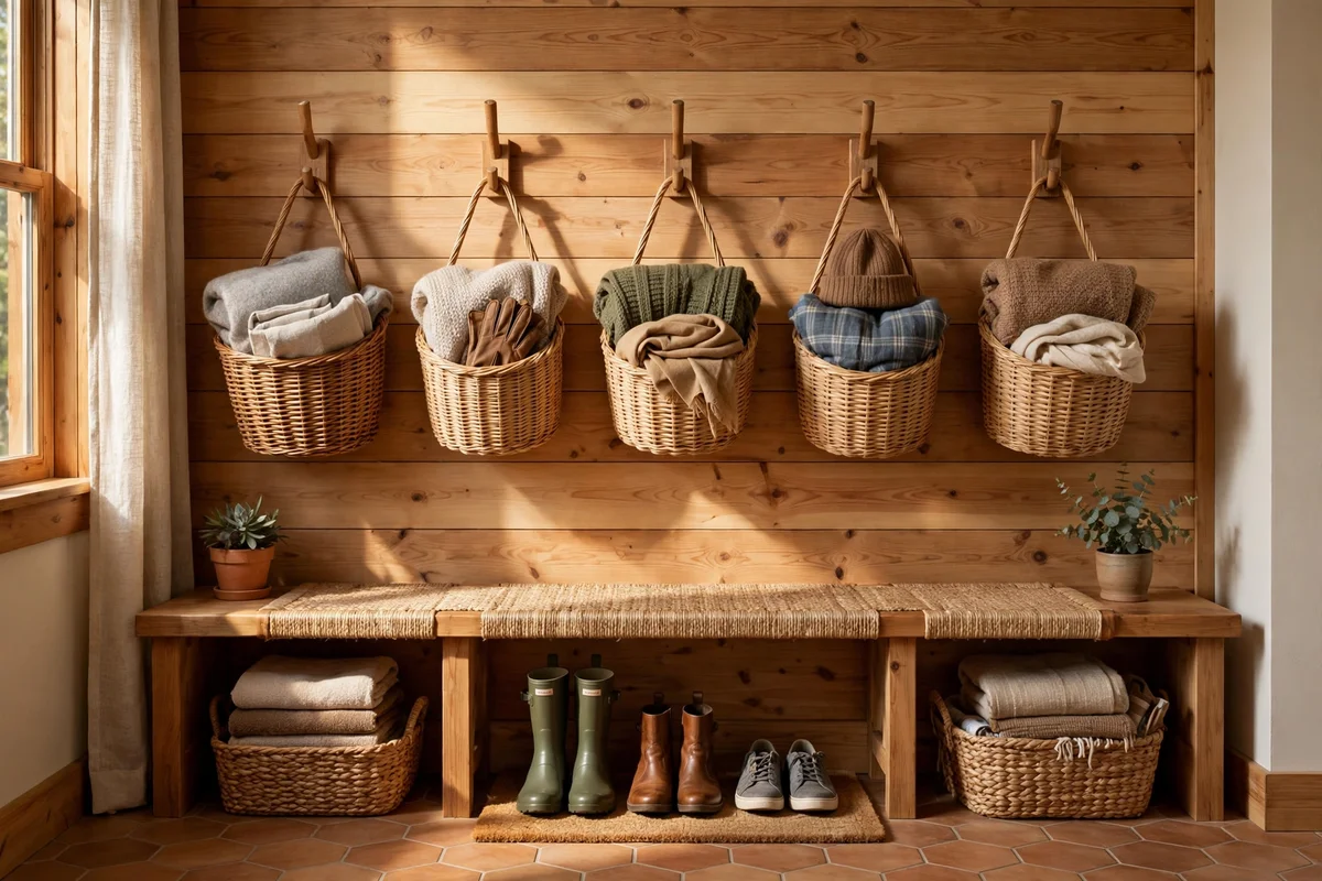 Wooden wall hooks with a labelled basket beneath each one, mudroom organisation