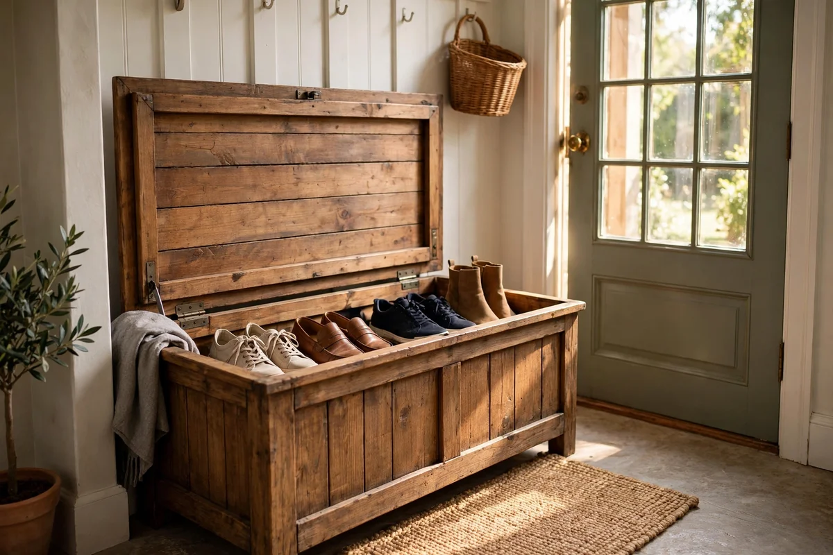 Storage bench with open lid revealing shoes inside, beside a mudroom door