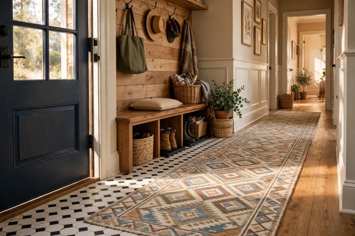 Patterned washable runner laid along the traffic path from a mudroom door