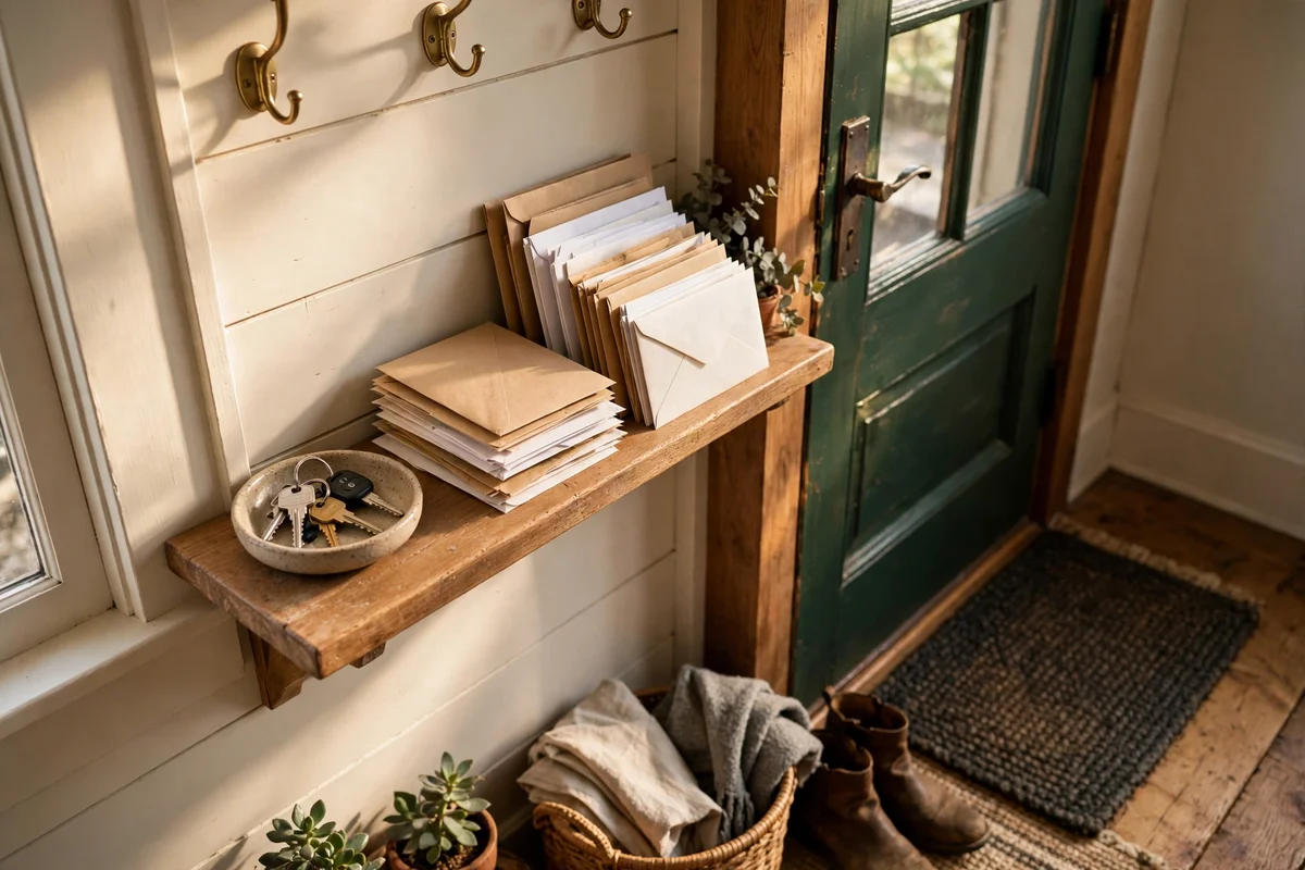 Slim wooden shelf with a key dish and sorted post beside a mudroom door