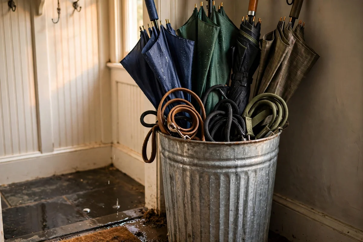 Tall lidded bin with umbrellas and dog leads in a mudroom corner