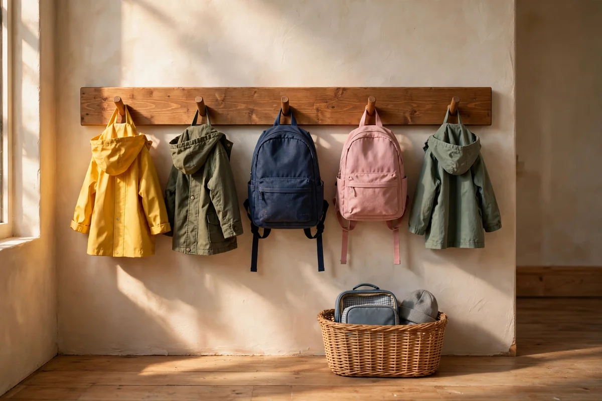 Low wooden peg rail with children's coats and school bags at child height