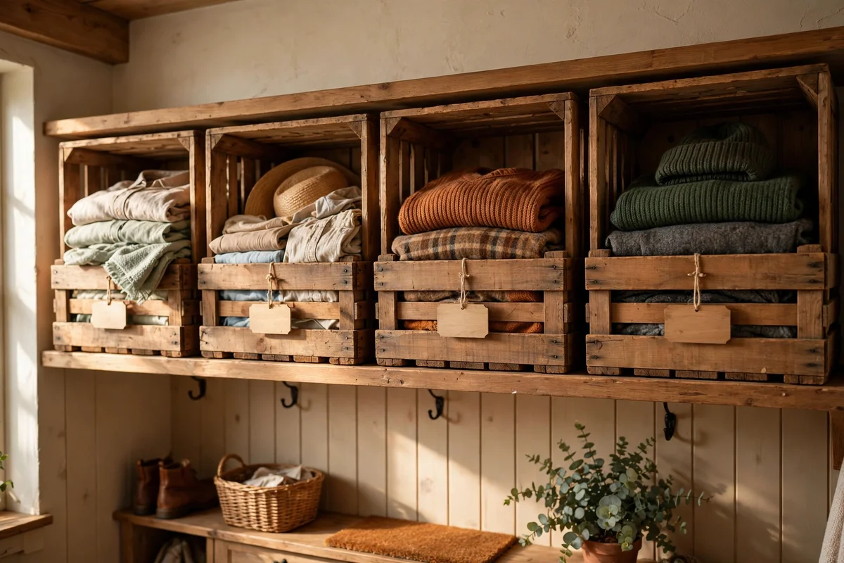 Labelled crates of seasonal kit stored on a high mudroom shelf