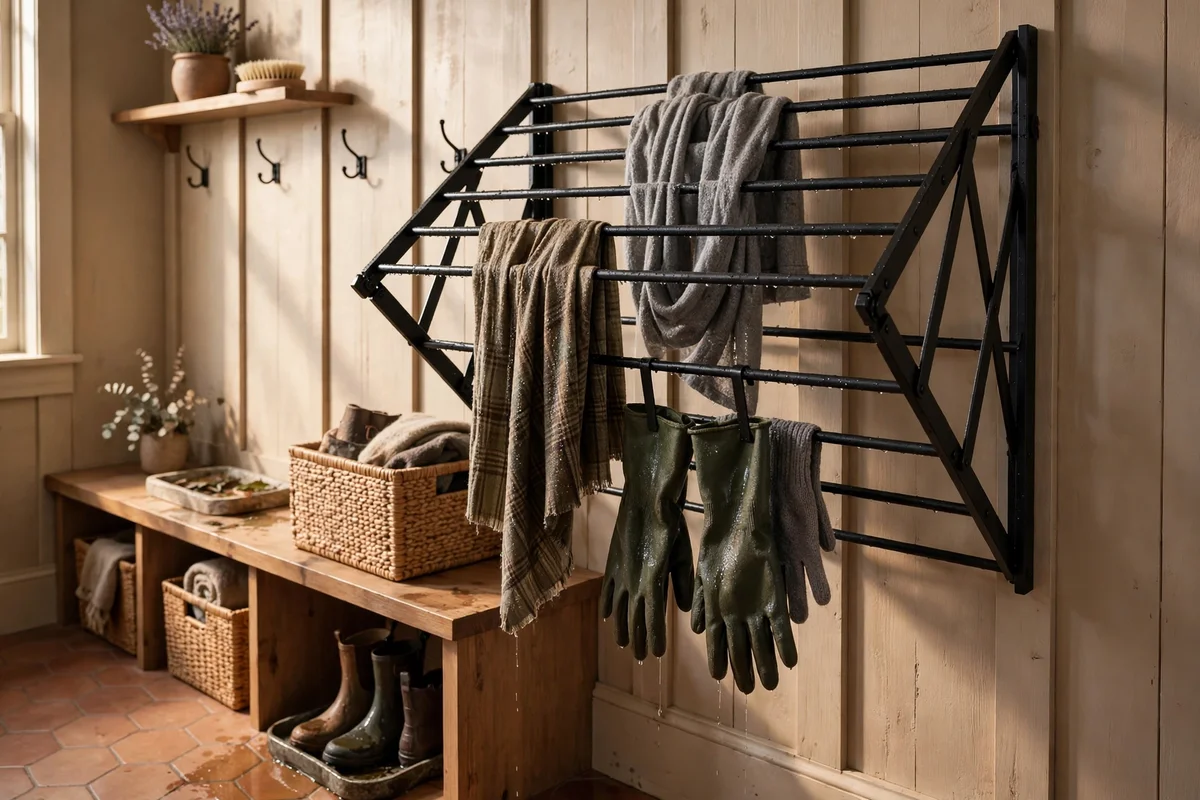 Folding wall drying rail with damp scarves and gloves airing in a mudroom