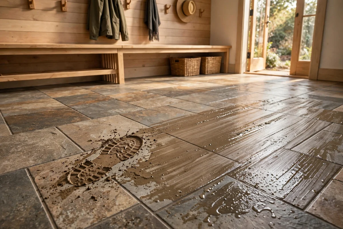 Hard-wearing stone tile flooring in a mudroom shrugging off muddy boots