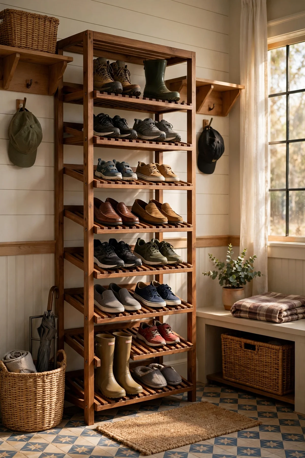 Tall slatted wooden shoe shelf holding rows of family footwear in a mudroom