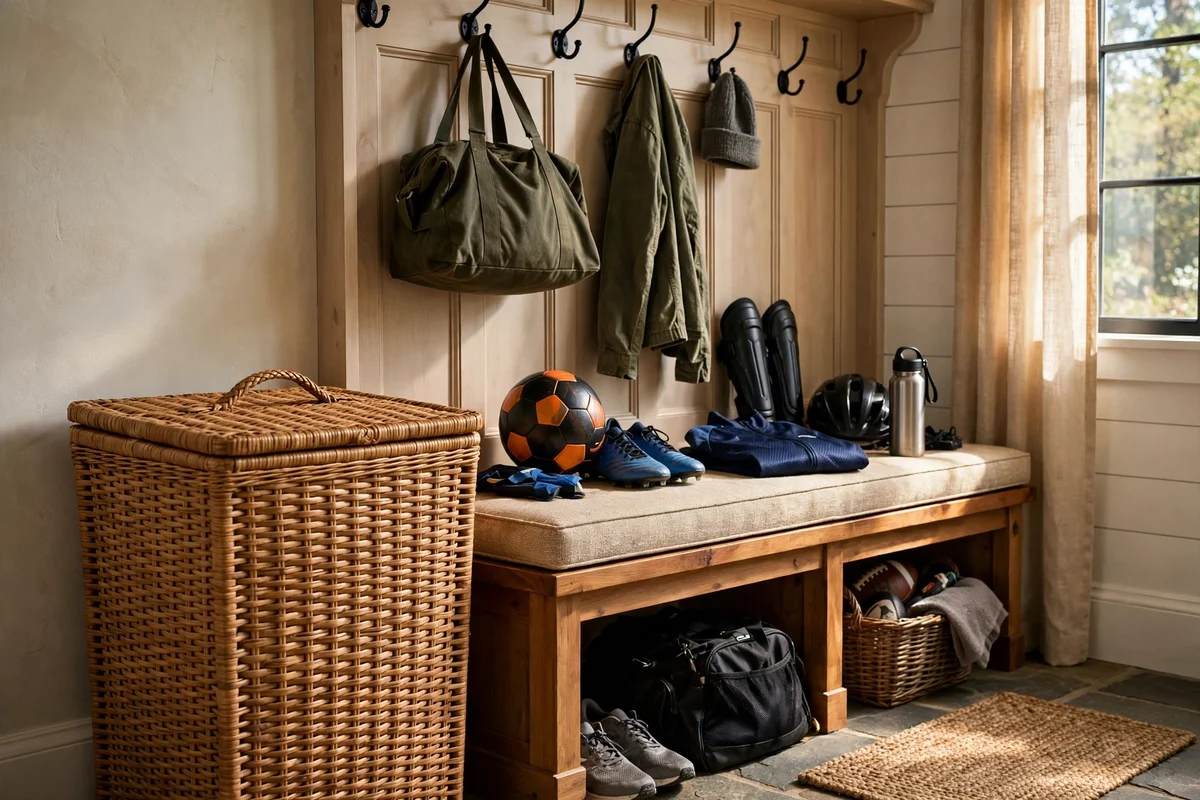 Woven laundry hamper with lid beside a mudroom bench for muddy sports kit