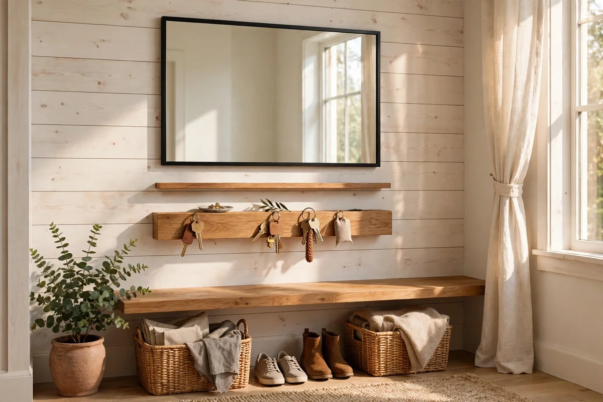Framed wall mirror with a slim ledge above a key shelf in a mudroom