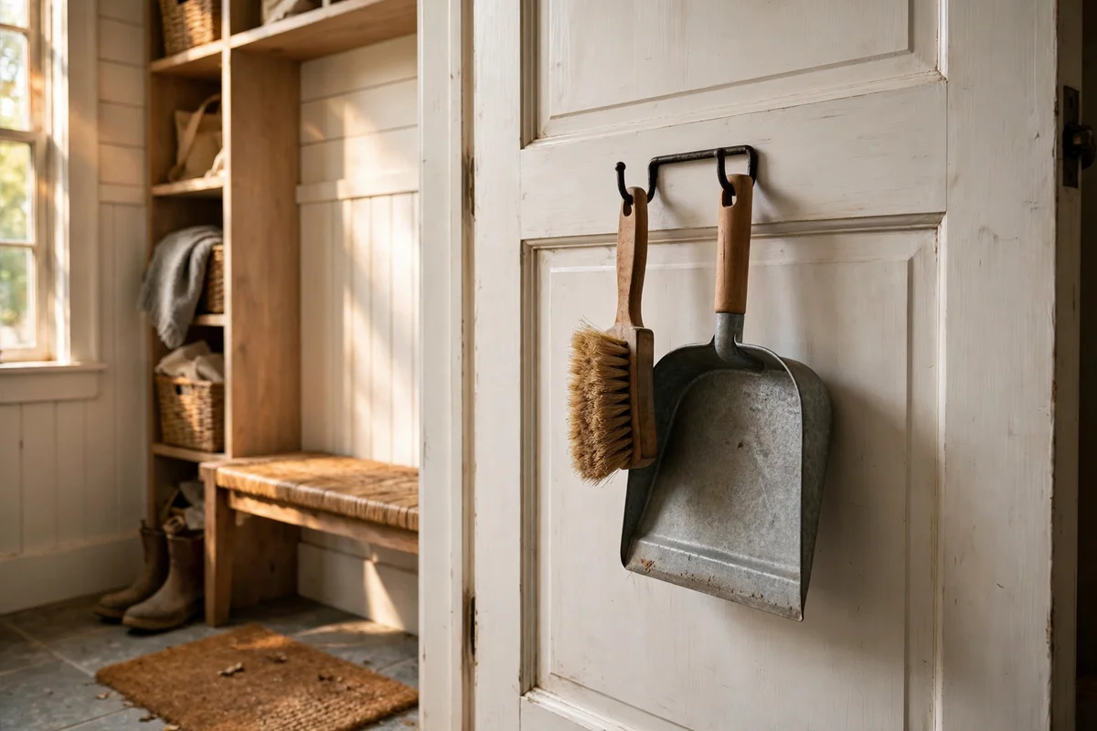 Hand brush and dustpan hanging on a hook behind a mudroom door