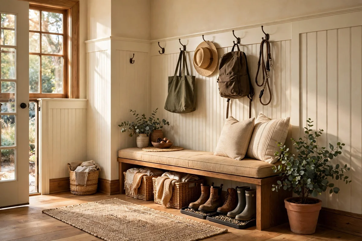 Cream beadboard panelling shielding the lower walls of a mudroom