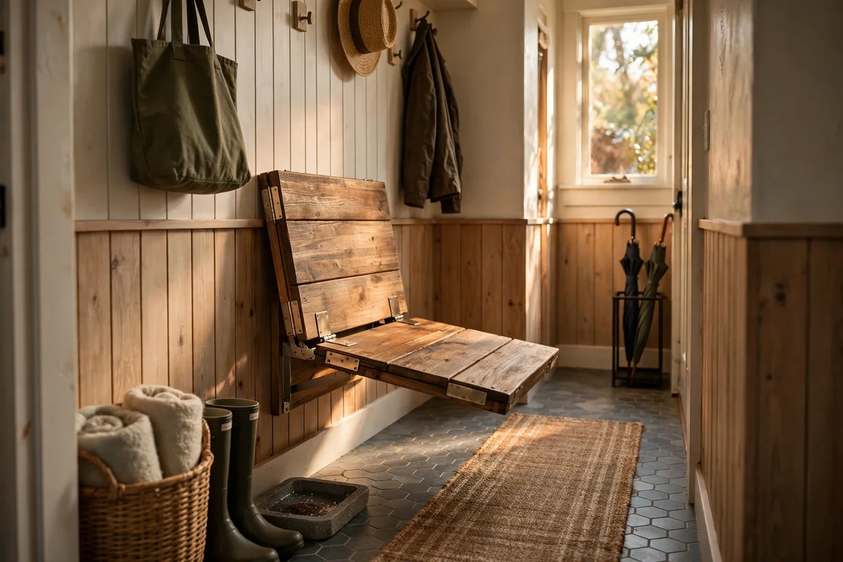 Fold-down wooden wall seat saving space in a narrow mudroom