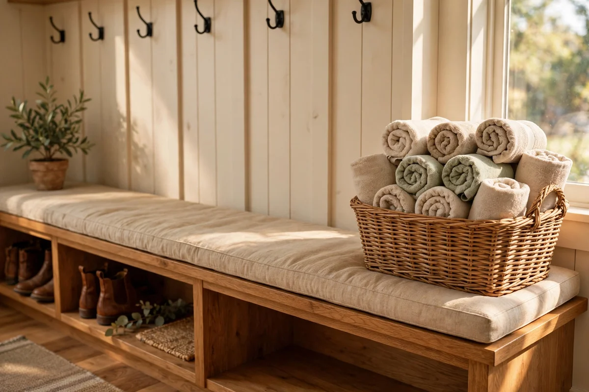 Rolled hand towels stacked in a basket at the end of a mudroom bench