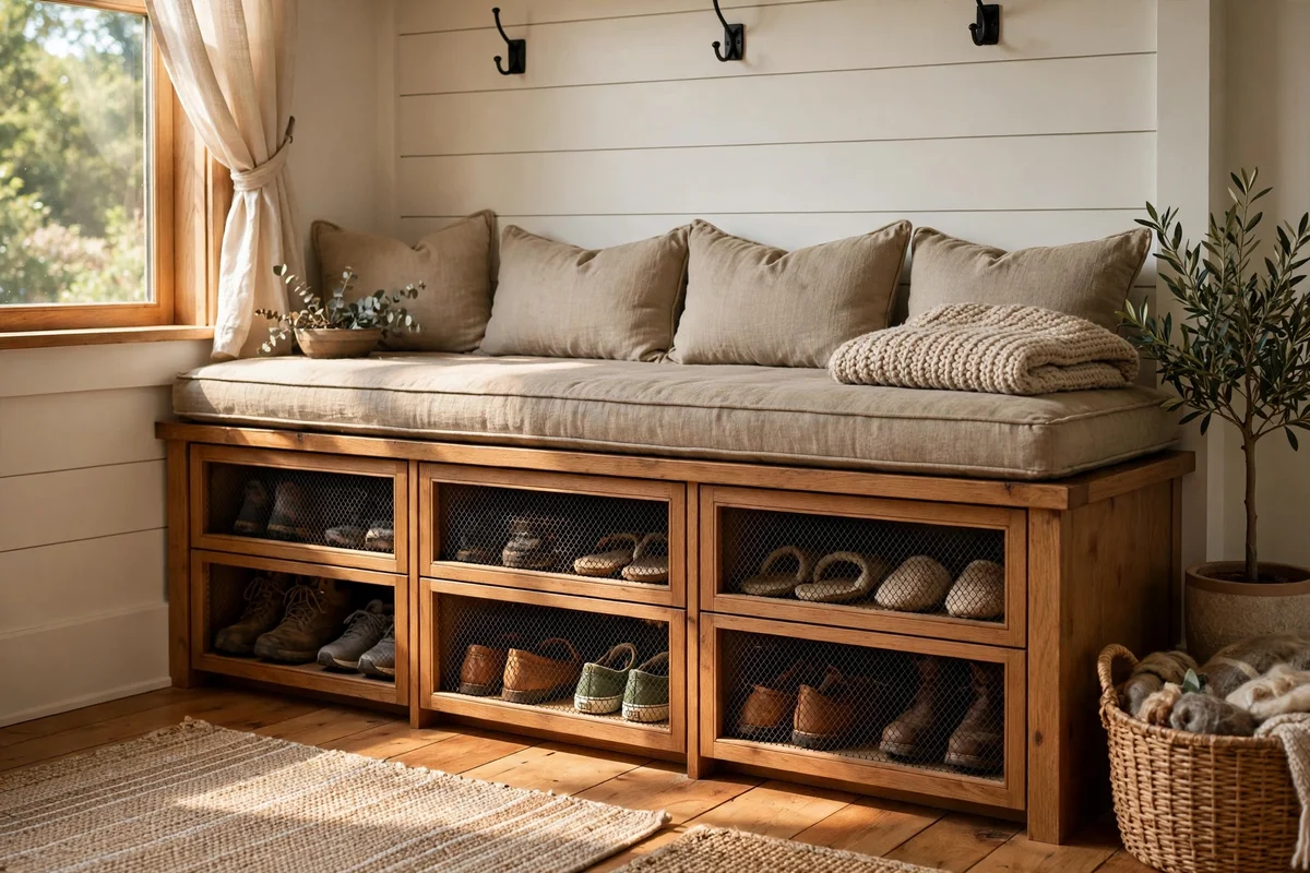 Mesh-fronted shoe cubbies inside an open mudroom storage bench