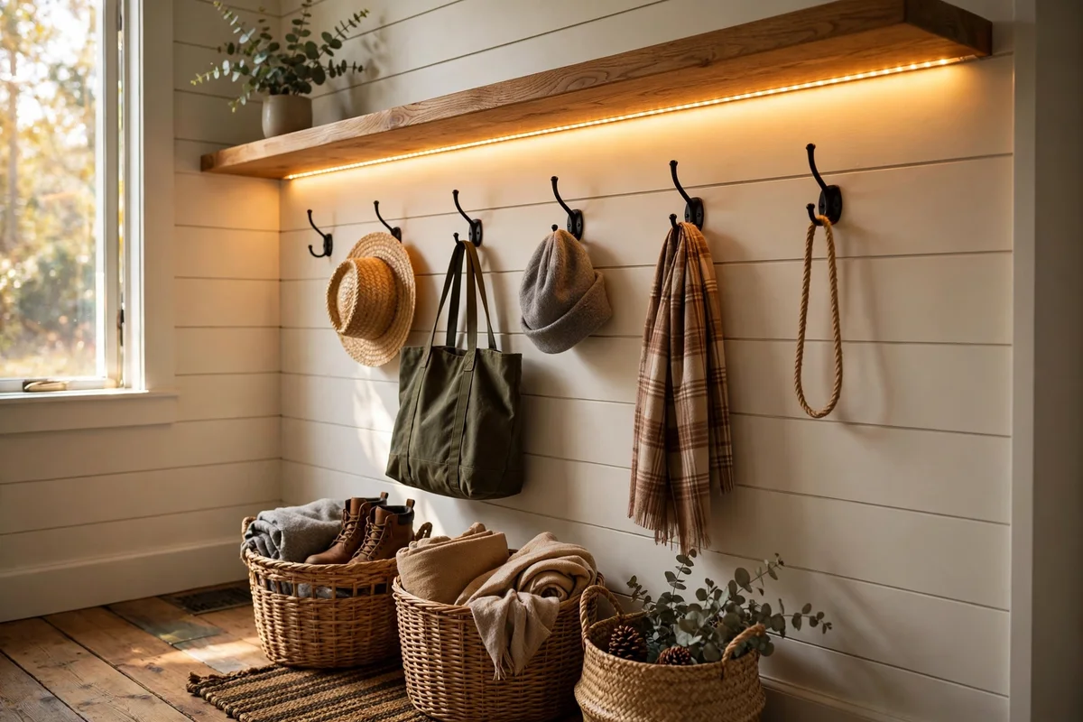Warm LED strip light glowing beneath a mudroom shelf over hooks