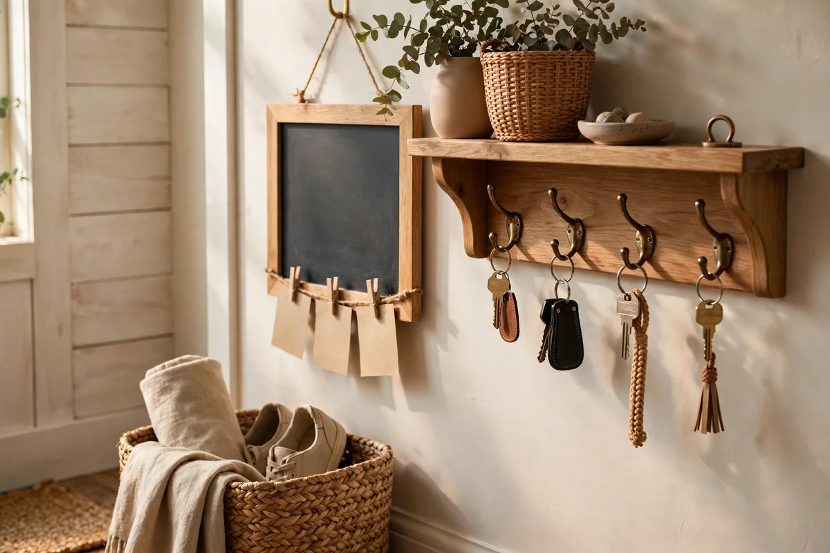 Framed chalkboard with reminders beside a mudroom key shelf