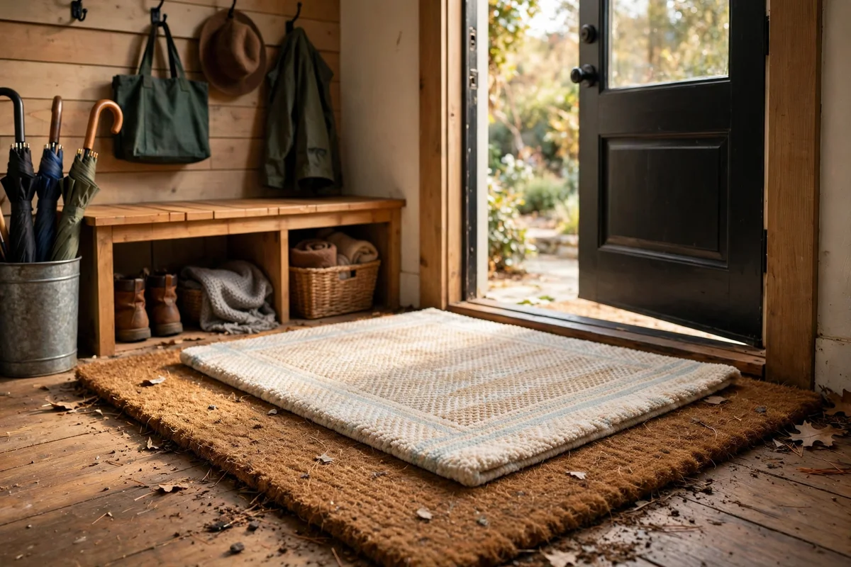 Coarse outdoor mat and soft indoor mat working as a pair at a doorway