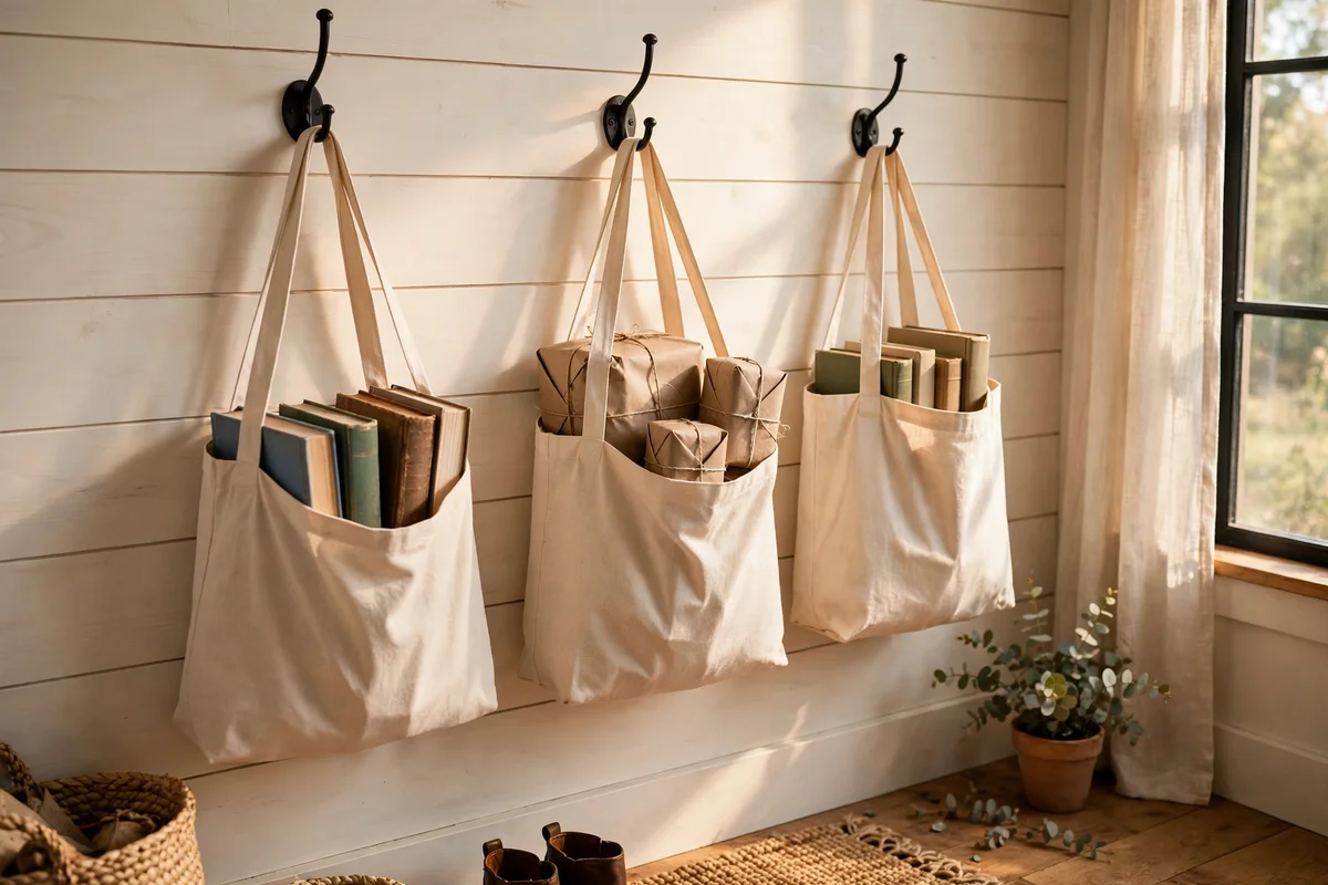 Plain canvas totes on mudroom hooks holding books and parcels to post