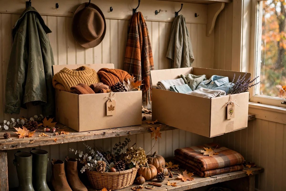Labelled seasonal swap boxes on a mudroom shelf during changeover