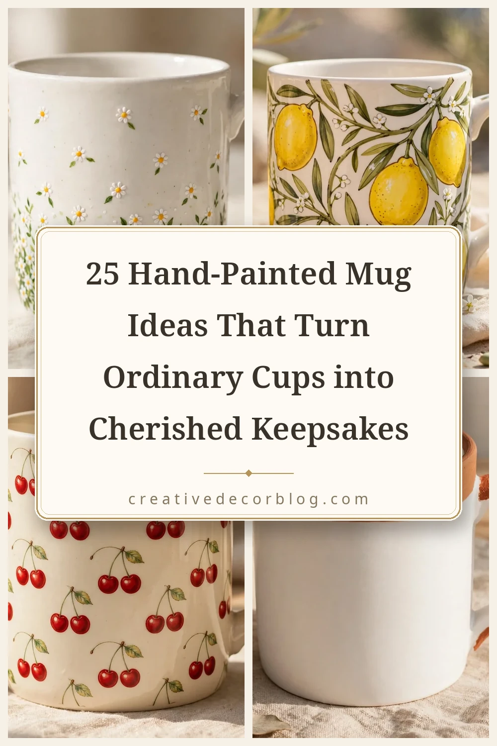 Pinterest pin collage for 25 hand-painted mug ideas with title on a cream background