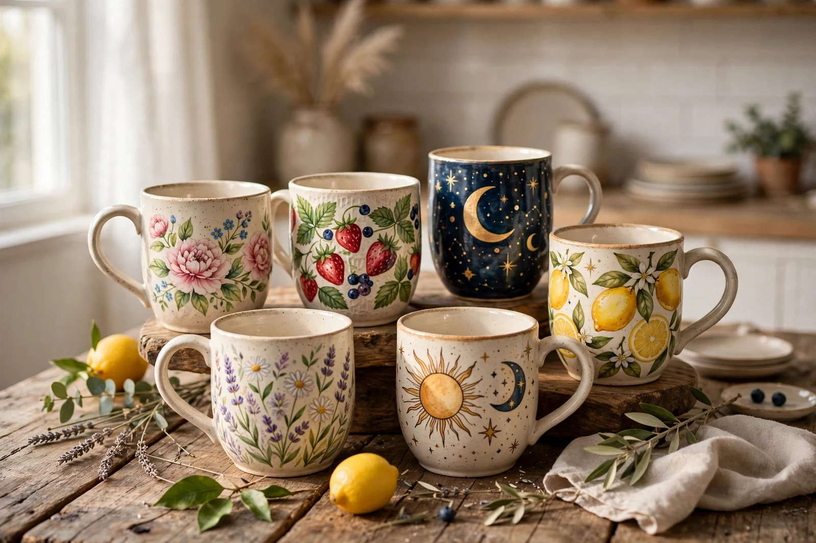 Collection of hand-painted ceramic mugs with floral and fruit designs on a wooden table