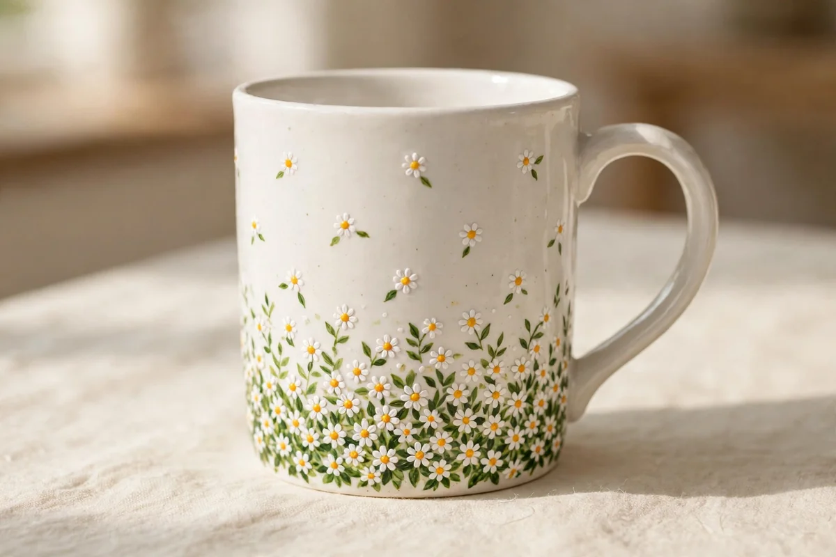 White mug with tiny scattered hand-painted daisies
