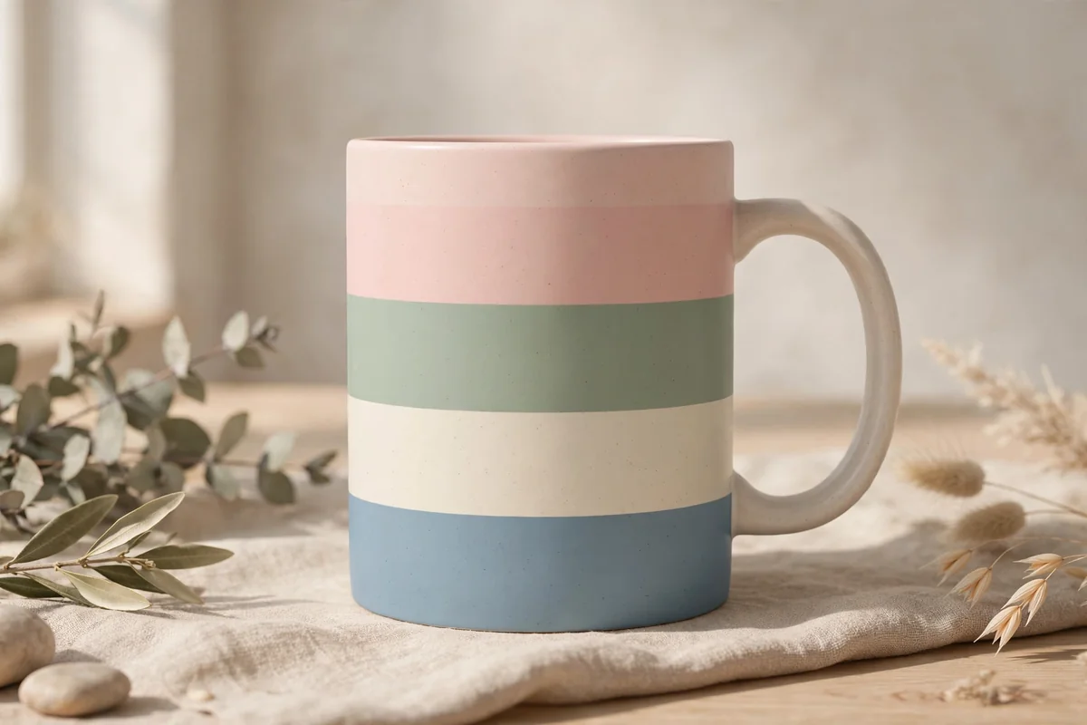 Mug with modern pastel color blocks and crisp edges