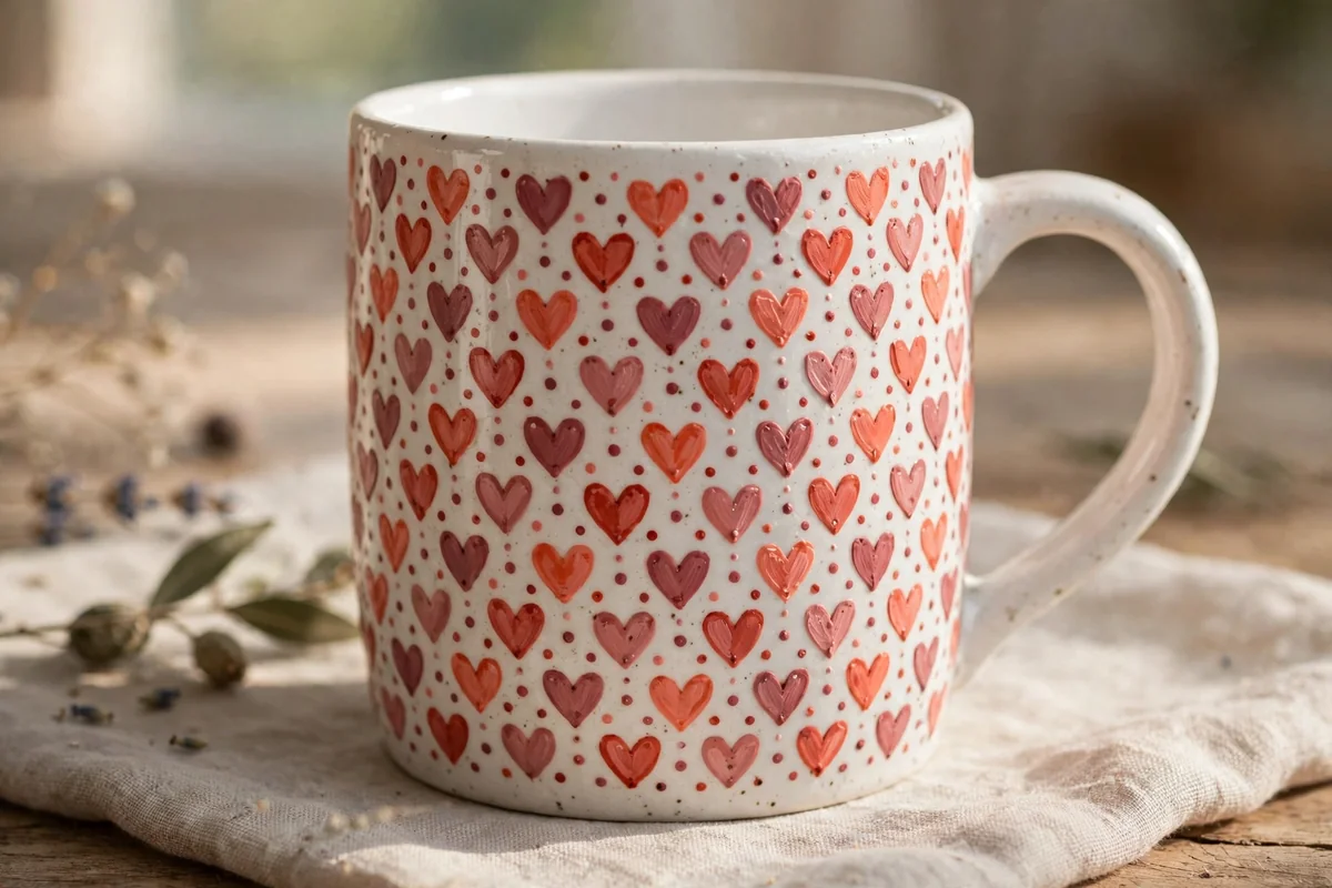 White mug with tiny hand-painted hearts in coral and rose