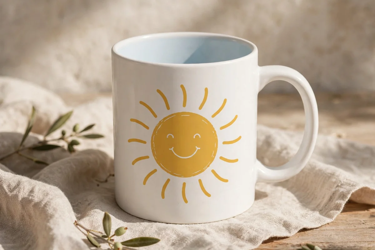 White mug with a large golden smiling sun