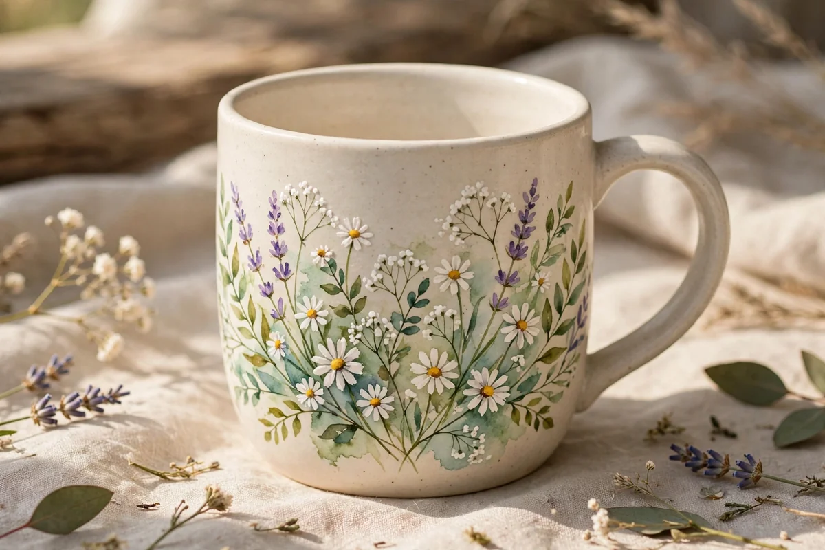 Mug with loose wildflower bouquet wrapping around it