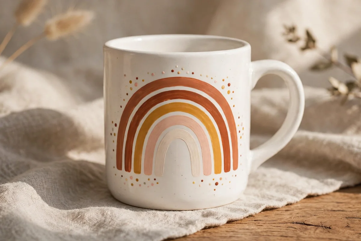 White mug with earthy rainbow arches and tiny dots