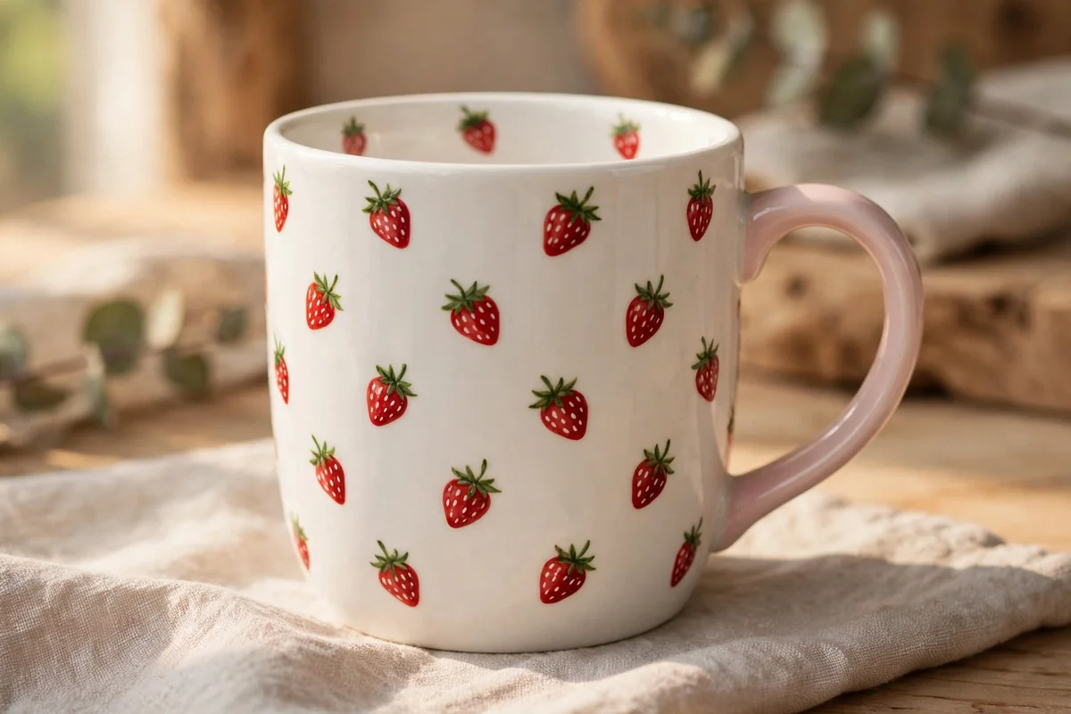 White mug with tiny hand-painted strawberries