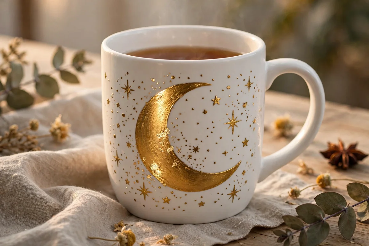 White mug with golden crescent moon and stars