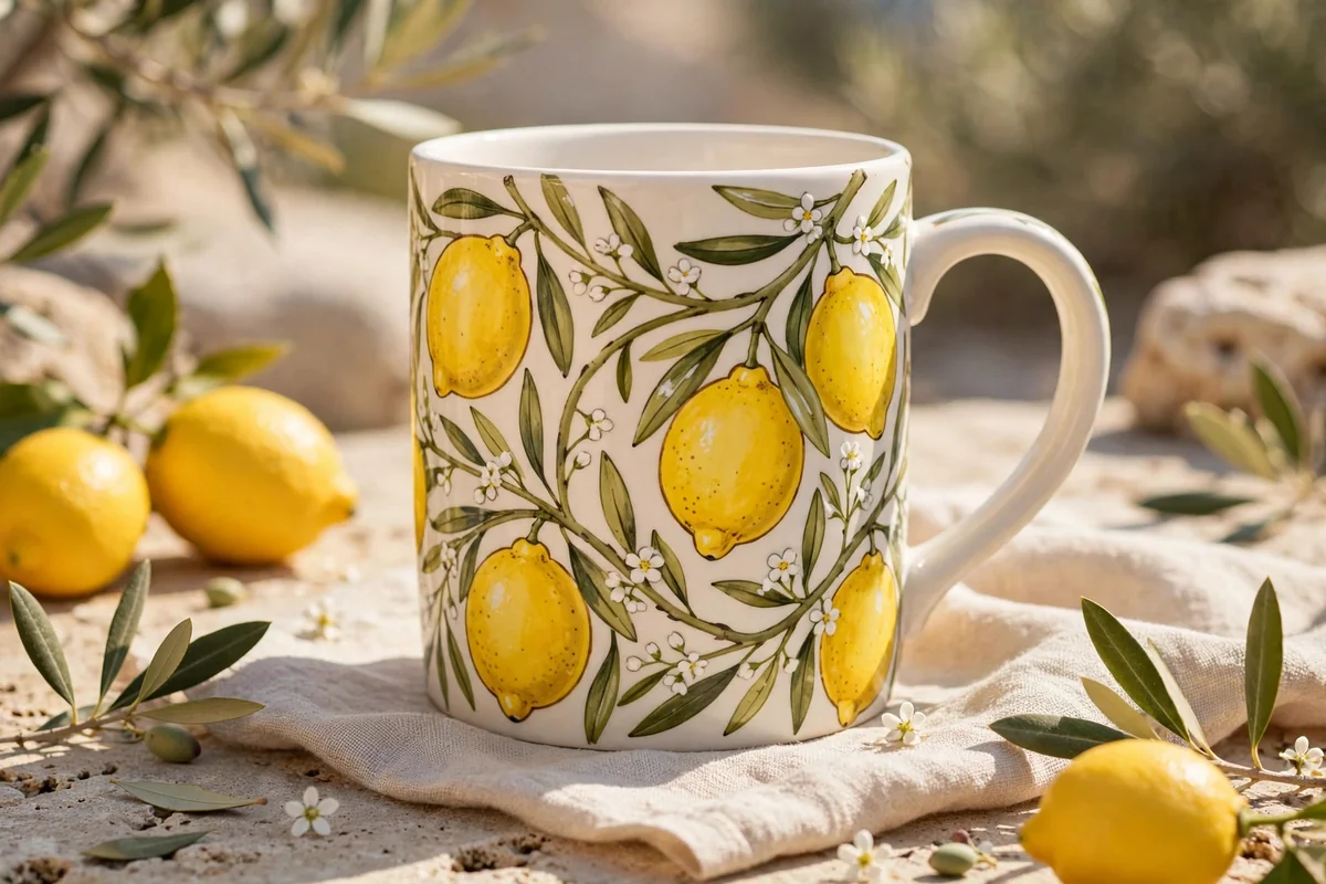 Mug painted with lemons on olive-green branches